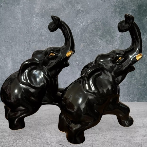 Vintage Ceramic Elephants (2) Black 1960 Gold Trunk Up Home Decor - Picture 3 of 9